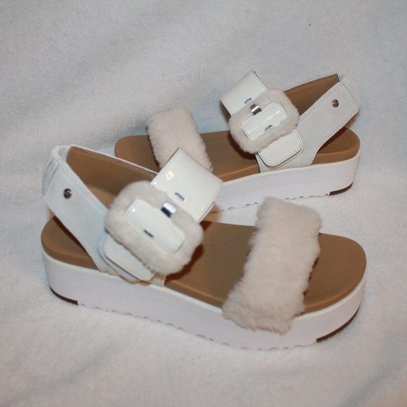 UGG LE FLUFF WHITE FUR LEATHER‎ PLATFORM SANDALS - Picture 1 of 8